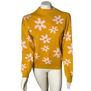 Ontwelfth Mustard With Pink Flowers Women's Sweater with Bling